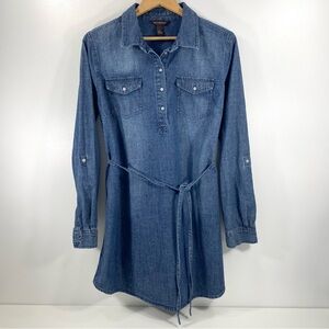 Bit & Bridle Distressed Denim Shirt Dress + Tie Belt & Button Roll Tab Sleeves M